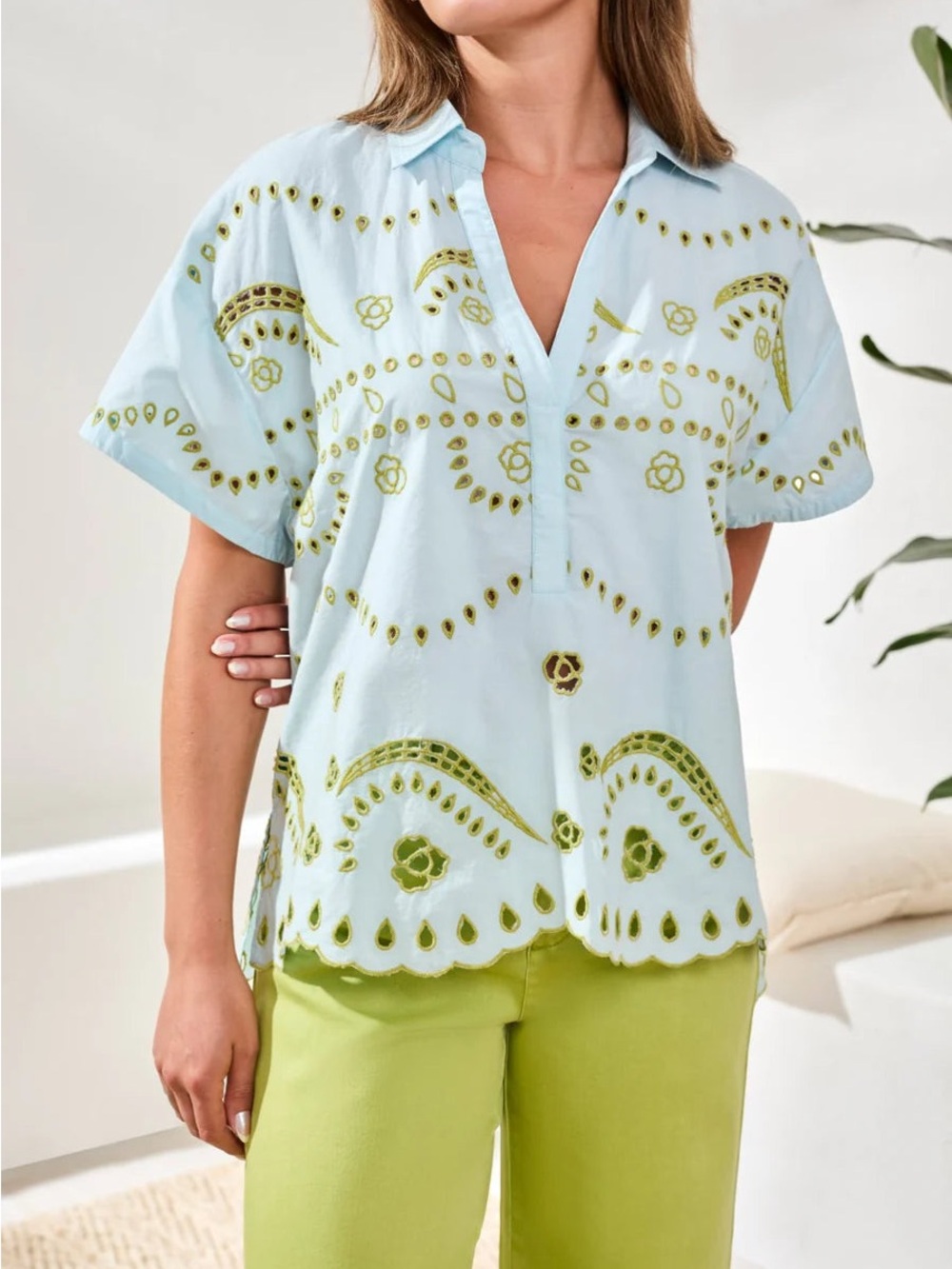 Maeve Light Blue Embroidered Button-Down Top with Green Motifs